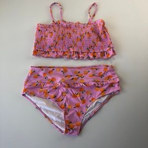 Pink Smocked Ruffle Bikini Set XXL High Waisted Orange Print 2 Piece